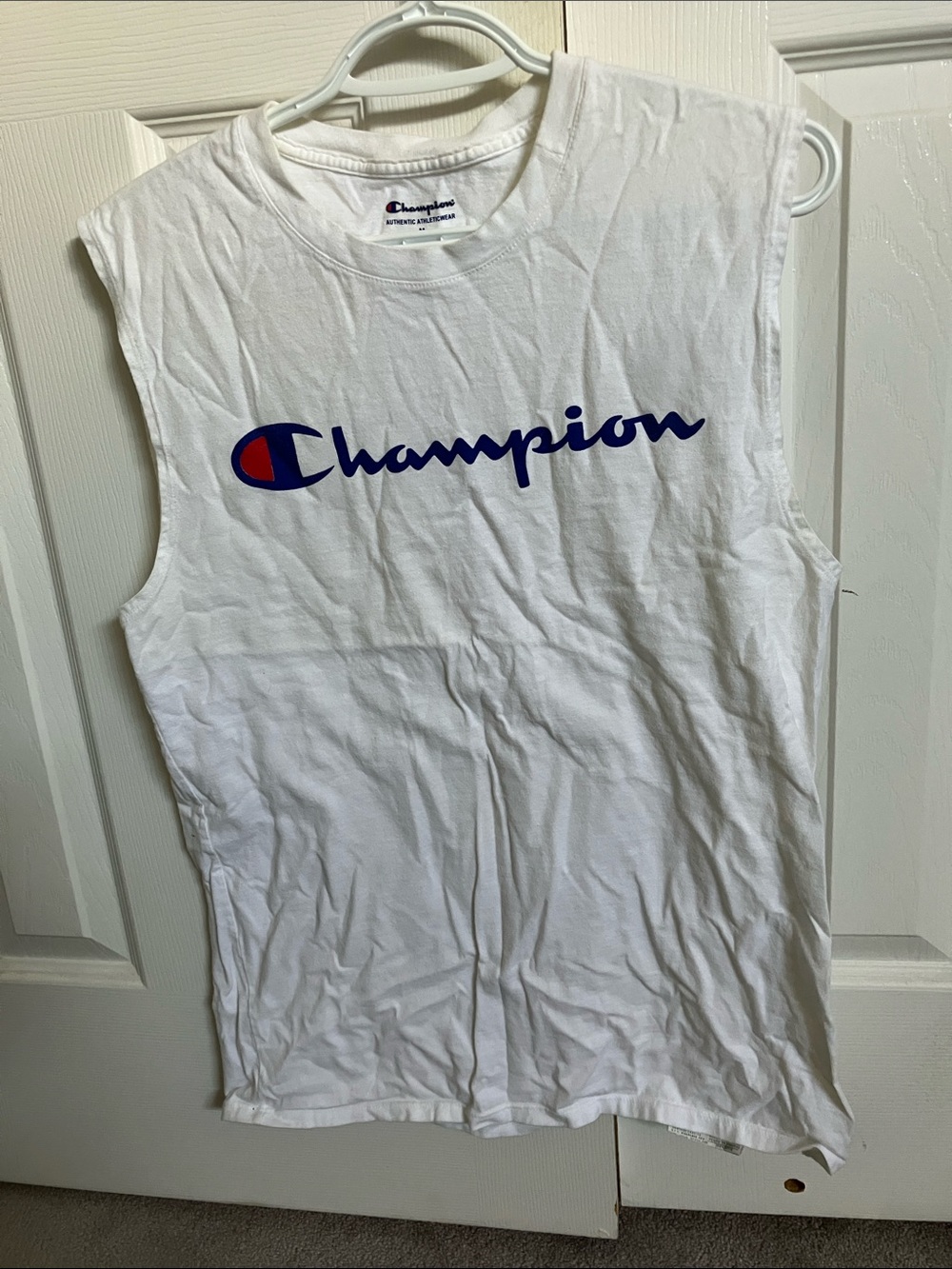 Champion White Sleeveless Logo Tank with Navy and Red Emblem
